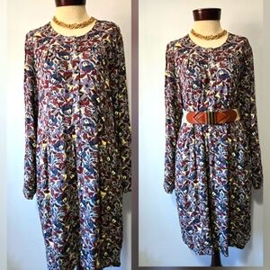 INDI & COLD Blue and Maroon Floral Print Long Sleeve Dress. Size Large